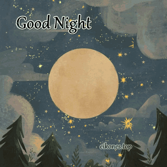 a painting of a full moon with the words good night written below it