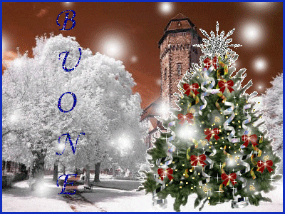a picture of a christmas tree with a castle in the background and the letters buon on the bottom