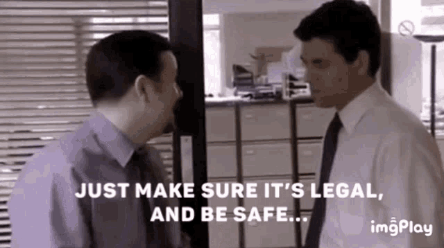 two men are talking to each other in an office and one of them is saying `` just make sure it 's legal and be safe '' .