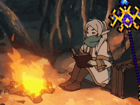 a pixel art of a woman reading a book by a fire
