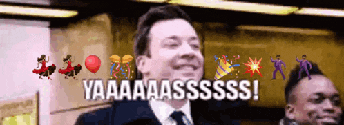 a man in a suit and tie is laughing with the words yaaaaasssss