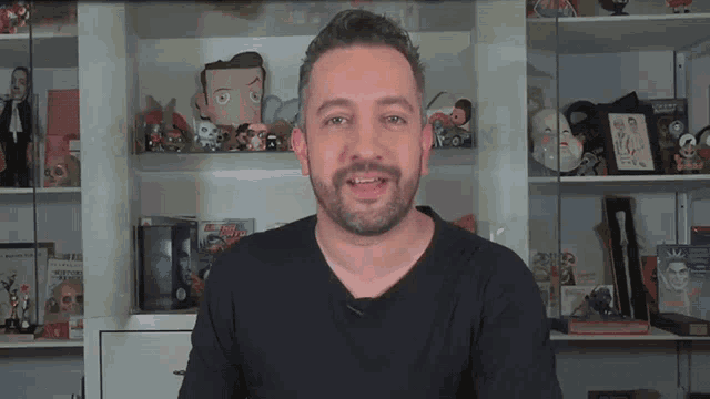 a man in a black shirt stands in front of a shelf full of stuffed animals and books