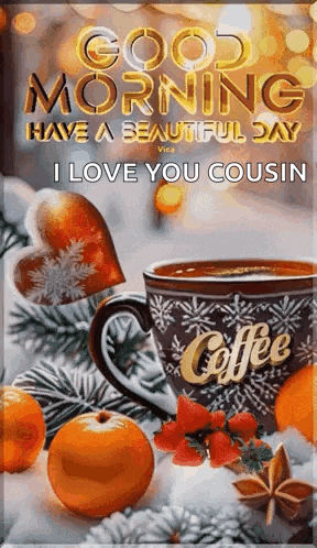 good morning have a beautiful day i love you cousin with a cup of coffee and oranges .