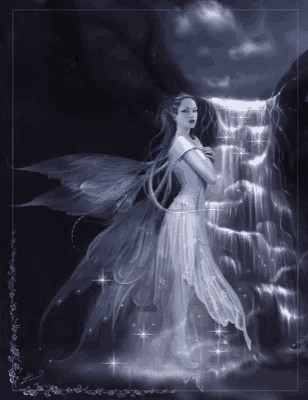 a fairy is standing next to a waterfall in the dark