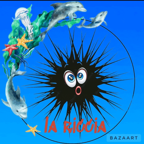 a cartoon drawing of a sea urchin with dolphins and seaweed surrounding it and the words la riccia in red