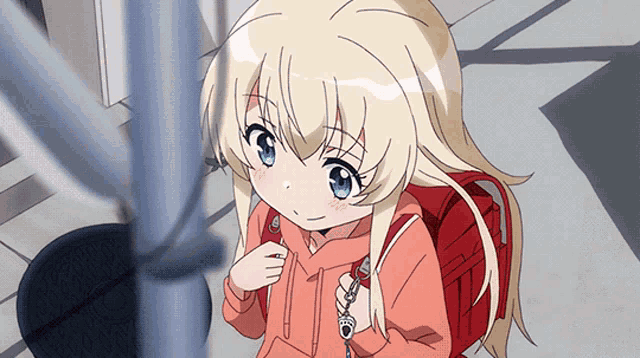 a blonde anime girl with a red backpack