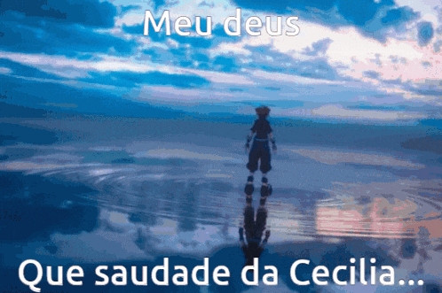 a cartoon of a person standing in the water with the words meu deus que saudade da cecilia