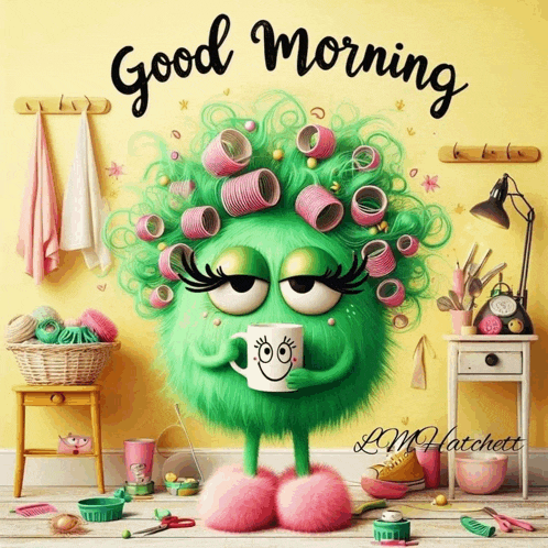 a green monster with curlers in her hair holding a cup of coffee