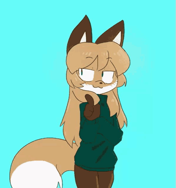 a cartoon fox is wearing a green sweater and making a funny face .