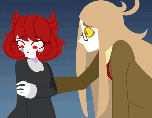 a cartoon drawing of a girl with red hair being comforted by a man with long hair