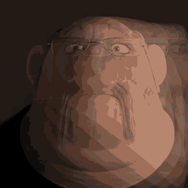 a cartoon man with glasses and a mustache looks at the camera