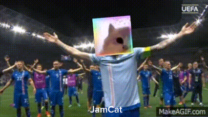 a man with a cat on his head is standing in front of a group of soccer players .