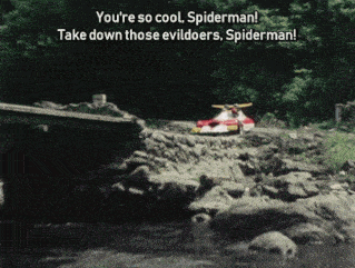 a scene from a movie that says you 're so cool spiderman take down those evildoers spiderman