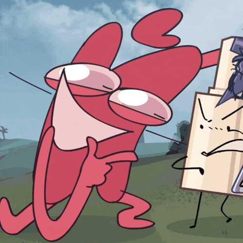 a cartoon drawing of a red crab with glasses and a purple hat