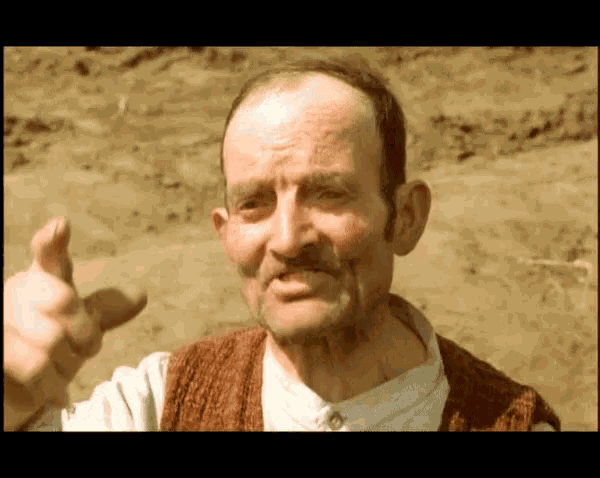 a man with a beard and a brown vest is giving a thumbs up