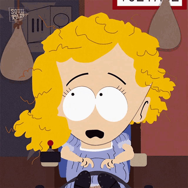 a cartoon character from south park is sitting in front of a sign that says ' south park ' on it