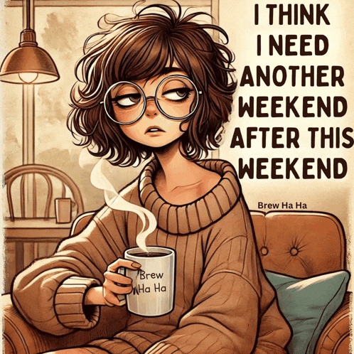 a cartoon of a girl holding a cup of coffee with a caption that says i think i need another weekend after this weekend