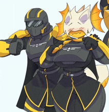a couple of cartoon characters standing next to each other with one wearing a mask