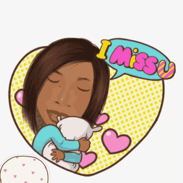 a cartoon of a woman holding a pillow with a speech bubble that says i miss you