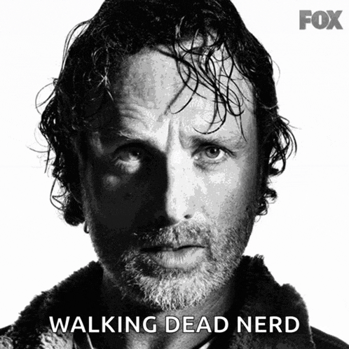 a black and white photo of rick grimes with the words walking dead nerd below him