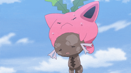 a cartoon character with a pink flower on his head is hanging upside down
