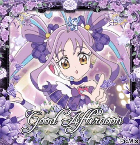 a picture of a girl with purple hair and the words good afternoon on it