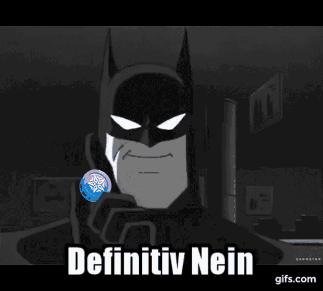 a black and white cartoon of batman holding a coin with the words definitiv nein below him