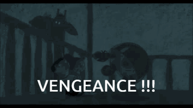 a cartoon scene with the word vengeance on the bottom