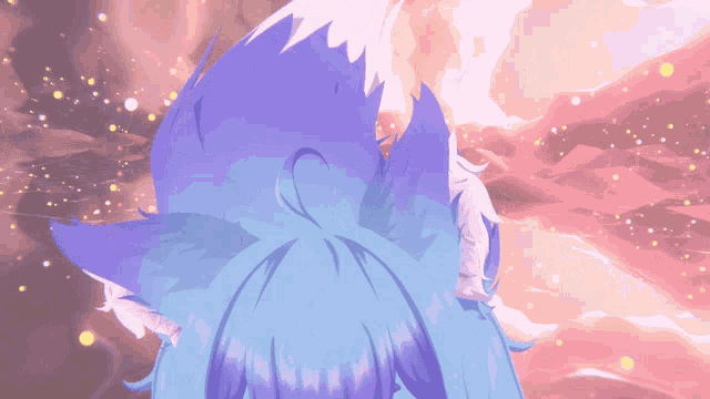 a close up of a cartoon character with blue hair