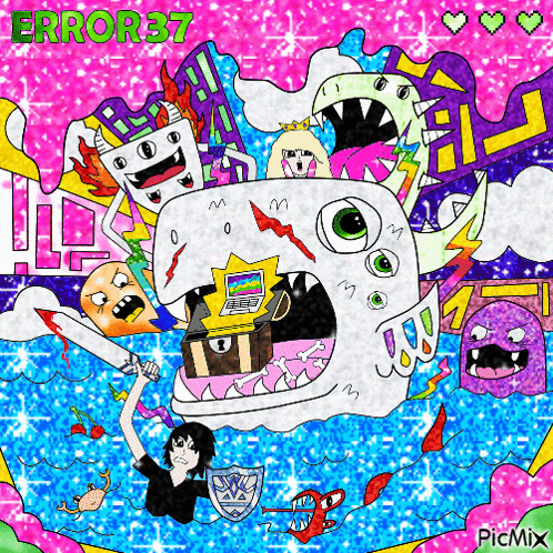 a colorful drawing of a monster with error 37 written in green