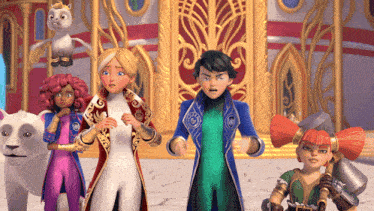 a group of cartoon characters are standing next to each other