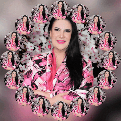 a woman in a pink jacket is surrounded by a circle of flowers