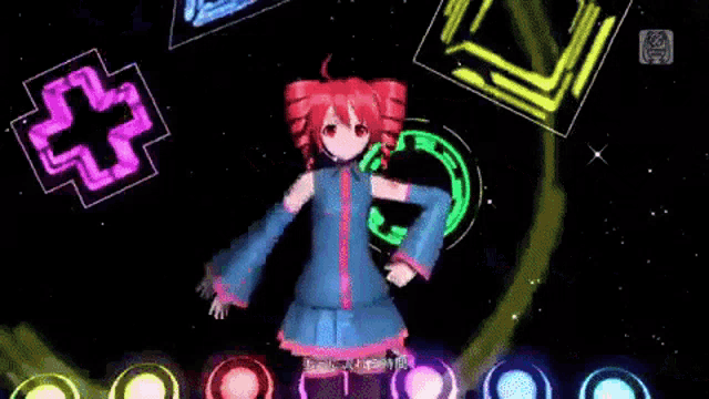 a girl with red hair is standing on a stage in front of a bunch of glowing circles and triangles ..