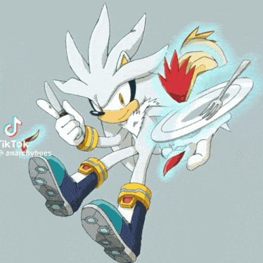 silver the hedgehog is holding a knife and a fork