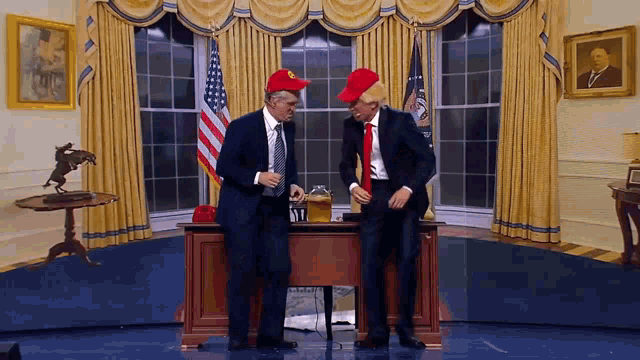 two men in suits and red hats are dancing in front of a window