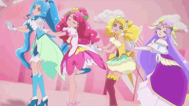 a group of anime characters are laying on a yellow surface