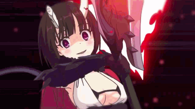 a girl with purple eyes is holding a sword in a dark room .