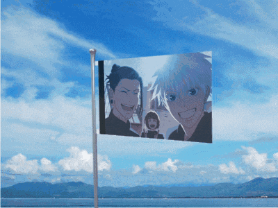 a flag with a picture of a man and a woman on it
