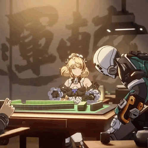 a girl in a maid costume sits at a table with a robot