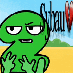 a green cartoon character with a heart in the background and the word sybau