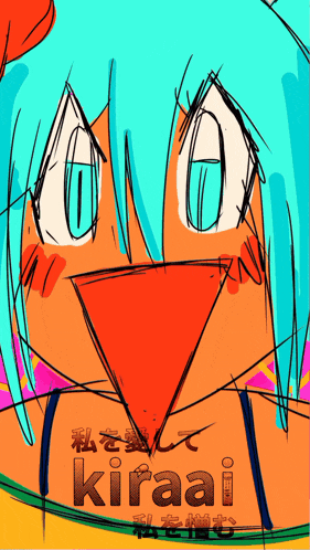 a colorful drawing of a girl with blue hair and the word kiraai on the bottom