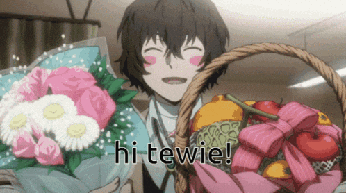 a boy is holding a basket of fruit and flowers with the words hi tewie written below him