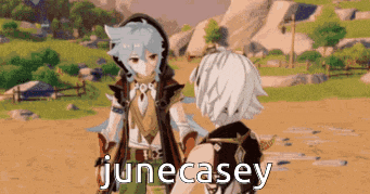 a couple of anime characters standing next to each other with the words junecasey on the bottom