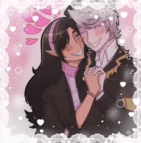 a drawing of a man and a woman holding hands with hearts in the background