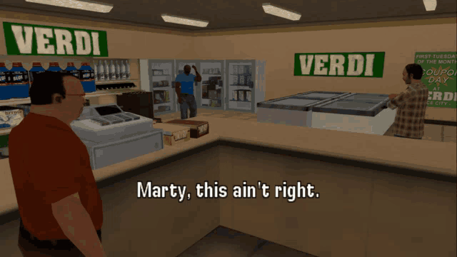 a video game shows a man standing in front of a vending machine with verdi signs above it