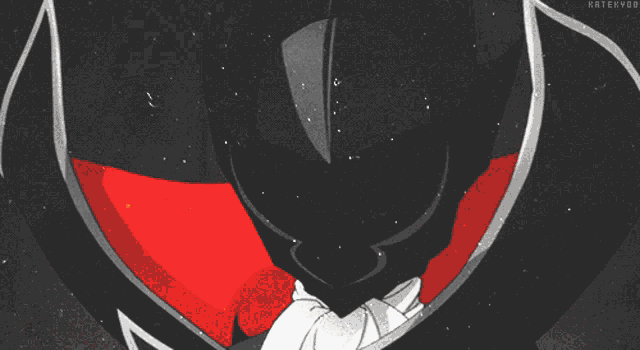 a black and white drawing of a person with red eyes and a red cape with the watermark kateh00