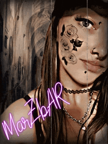 a woman with a tattoo on her face has the name marz bar written in neon
