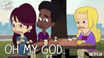 a cartoon of people sitting at a picnic table with the words oh my god