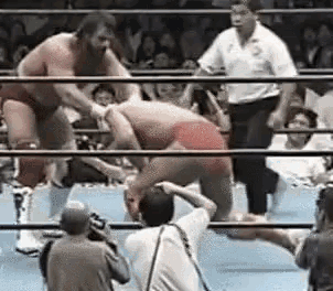 two men are wrestling in a wrestling ring with a referee watching .