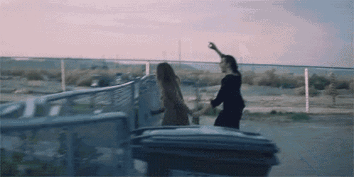 a couple of women standing next to each other on a balcony holding hands .